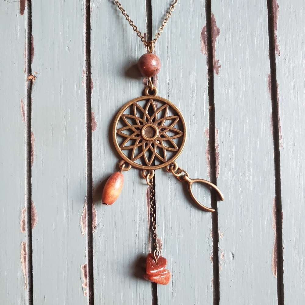 Handmade Bohemian Wishbone × Gold Stones Necklace